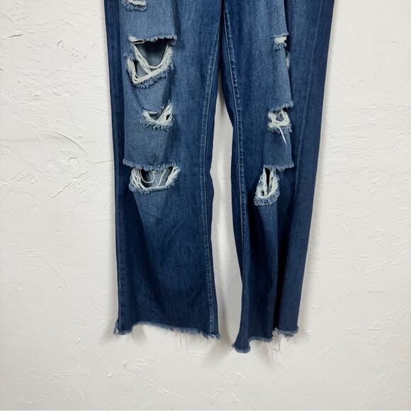 Kancan Blue Wide Leg Distressed High Rise Jeans Womens 31 Denim Classic Raw Hem - Picture 2 of 13